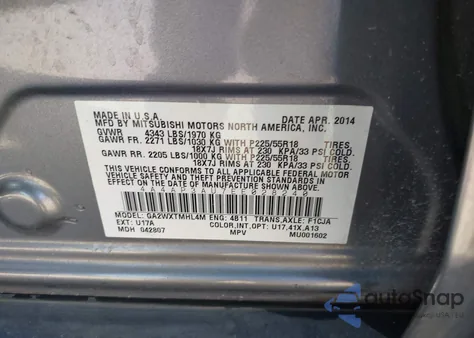 2014 Mitsubishi Outlander Sport Es z USA, uszkodzony, nr VIN 4A4AP3AU7EE028240